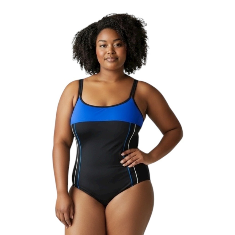 Delta Burke Plus Size 24W One Piece Swimsuit Black Blue Colorblock Moderate 1034